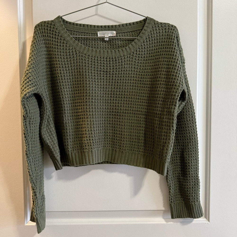 Olive Green Waffle Knit Cropped Sweater
